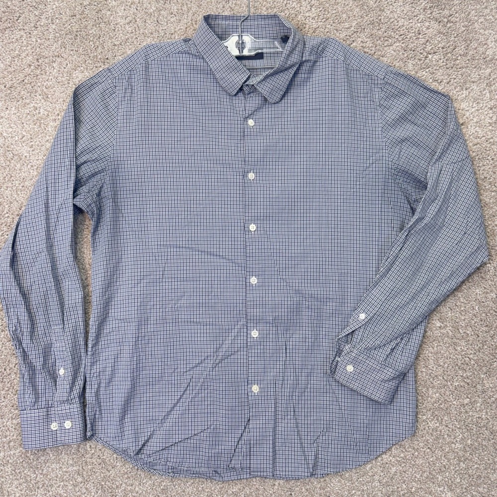Theory Shirt Mens XL Sylvain Accolade Navy White Micro Check Button Down EUC